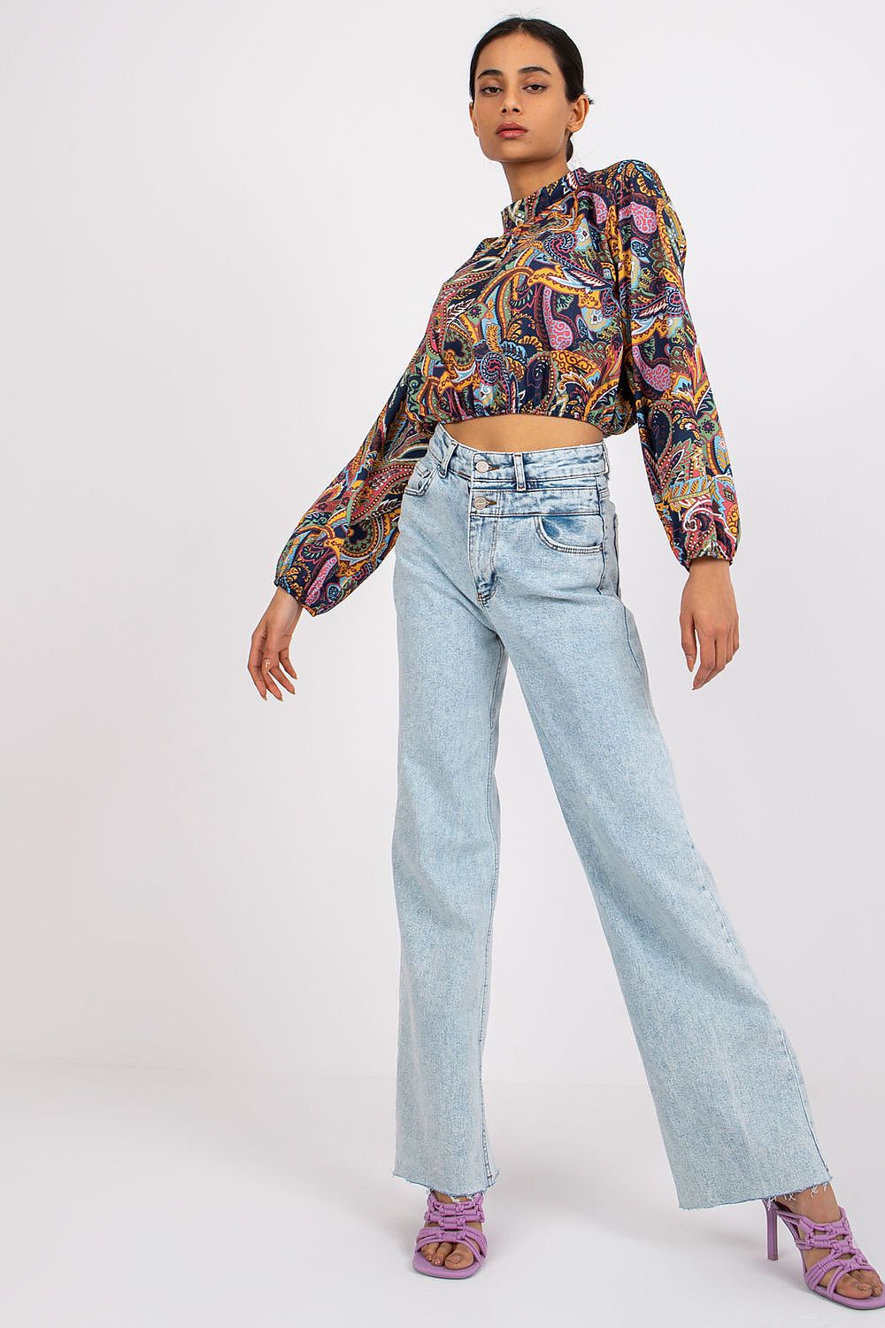 Italy Moda Short Blouse Long Sleeve Stand-Up Collar