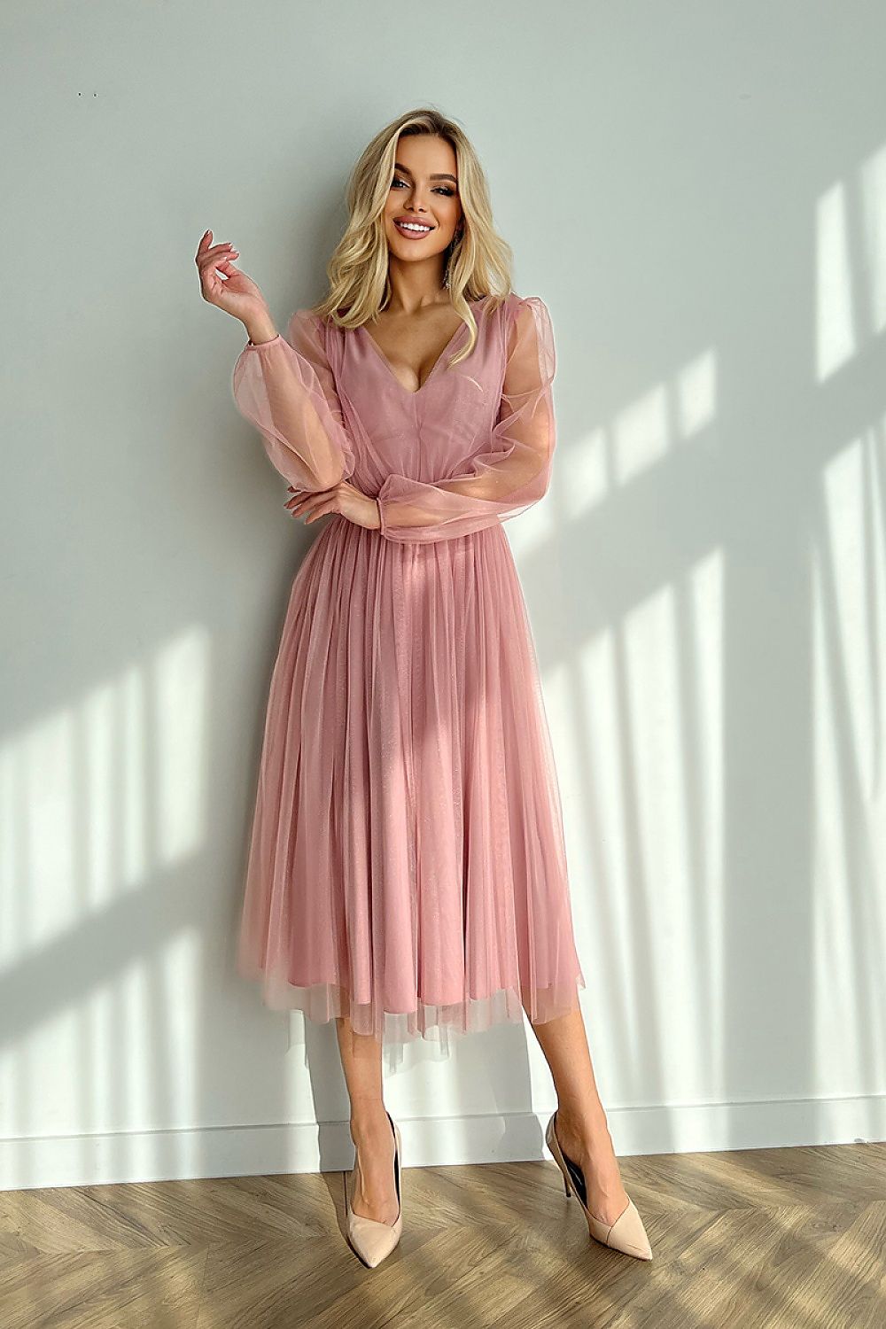 Bicotone Midi Mesh Sleeve Layered Evening Dress