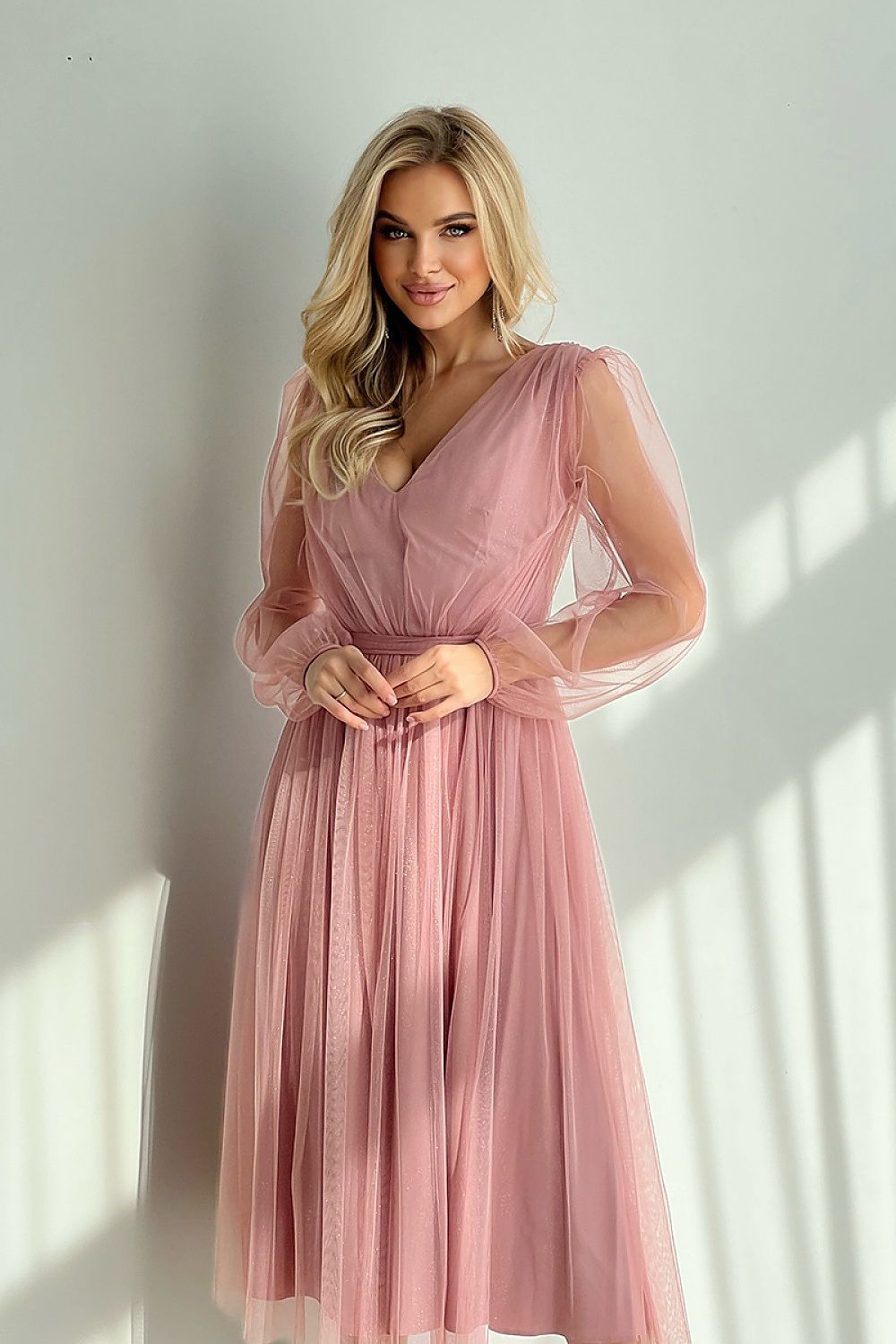 Bicotone Midi Mesh Sleeve Layered Evening Dress