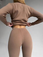 EASE Women’s Personalised Two Piece Ribbed Cotton Loungewear Set Brown Biscuit
