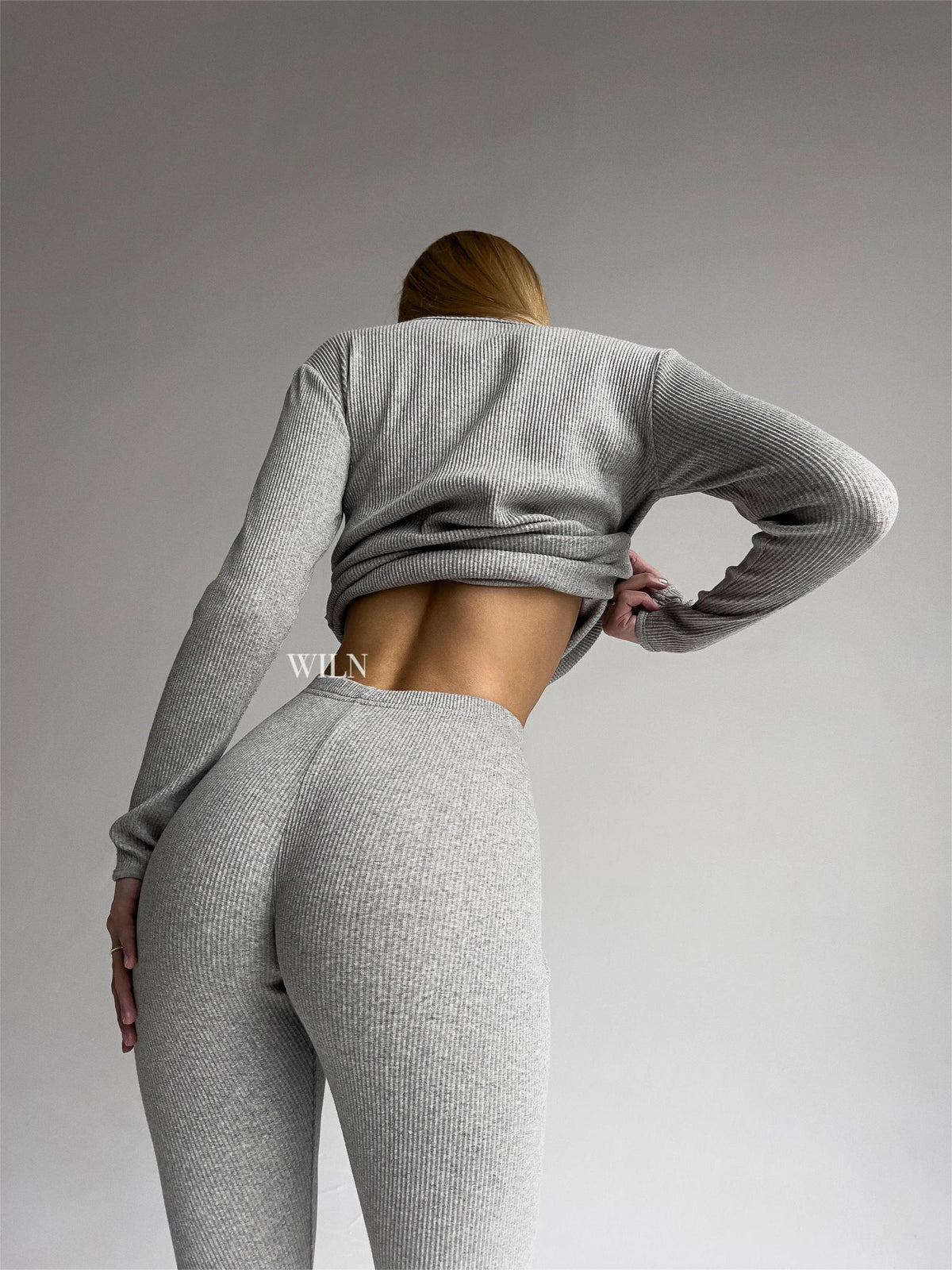 EASE Women’s Personalised 2 Piece Ribbed Cotton Trousers Long Sleeve Top Grey Loungewear Set Dove Grey