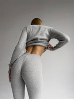 EASE Women’s Personalised 2 Piece Ribbed Cotton Trousers Long Sleeve Top Grey Loungewear Set Dove Grey