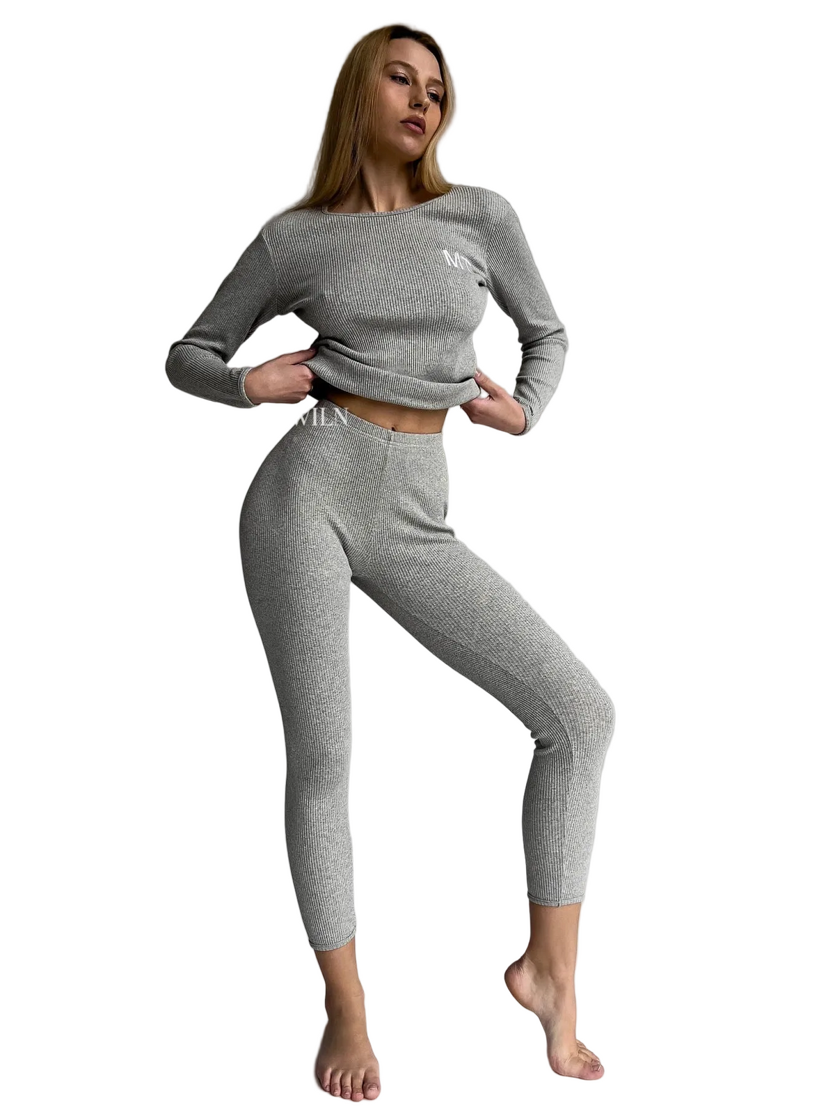 EASE Women’s Personalised 2 Piece Ribbed Cotton Trousers Long Sleeve Top Grey Loungewear Set