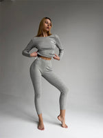 EASE Women’s Personalised 2 Piece Ribbed Cotton Trousers Long Sleeve Top Grey Loungewear Set