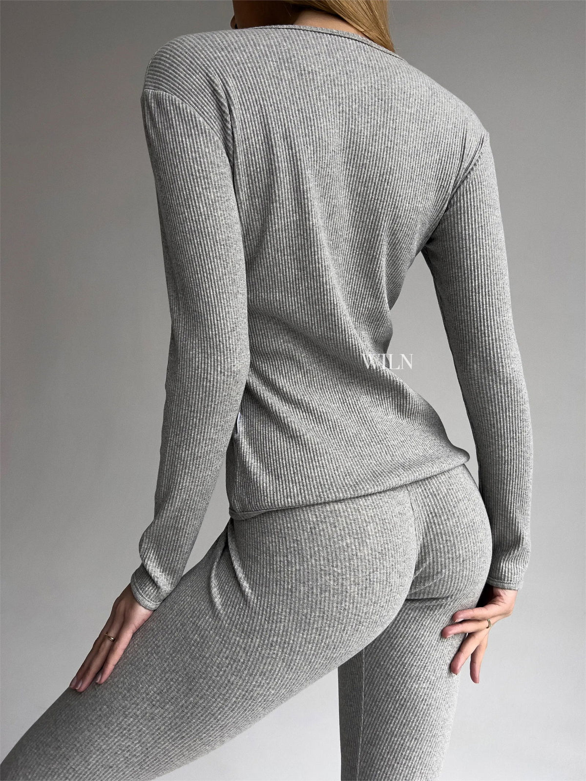 EASE Women’s Personalised 2 Piece Ribbed Cotton Trousers Long Sleeve Top Grey Loungewear Set