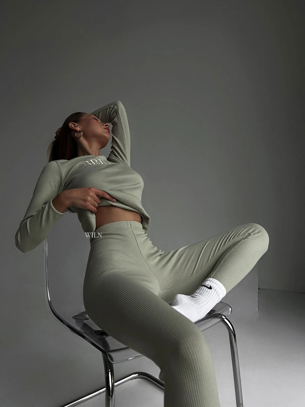 EASE Women’s Personalised 2 Piece Ribbed Cotton Sage Green Loungewear Set
