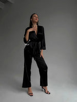 ELEGANCE Black Satin 2 Piece Tie Waist Women’s Loungewear Set Black