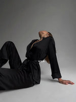 ELEGANCE Black Satin 2 Piece Tie Waist Women’s Loungewear Set