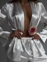 ELEGANCE Women’s White Satin 2 Piece Tie Waist Loungewear Set