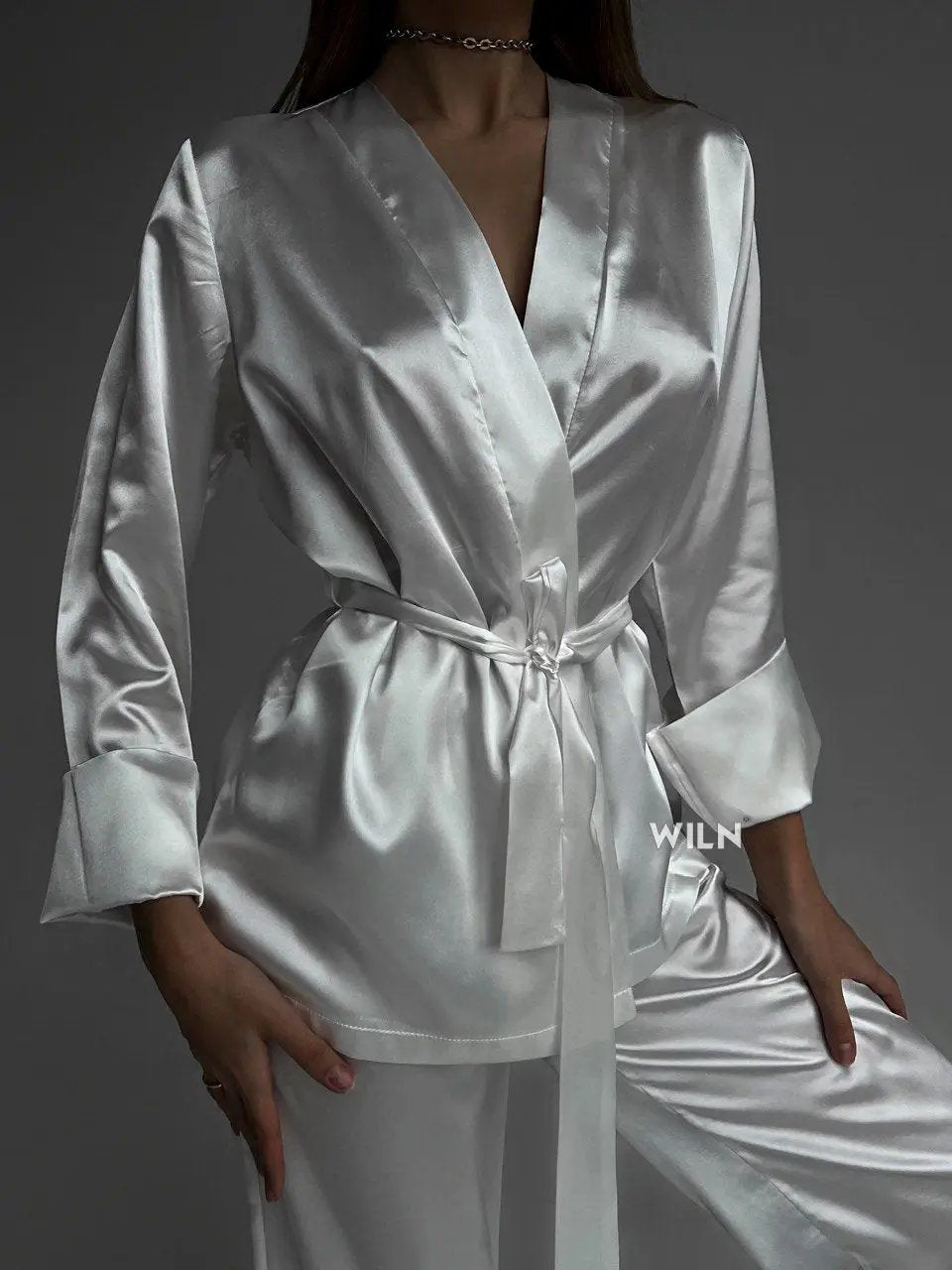 ELEGANCE Women’s White Satin 2 Piece Tie Waist Loungewear Set