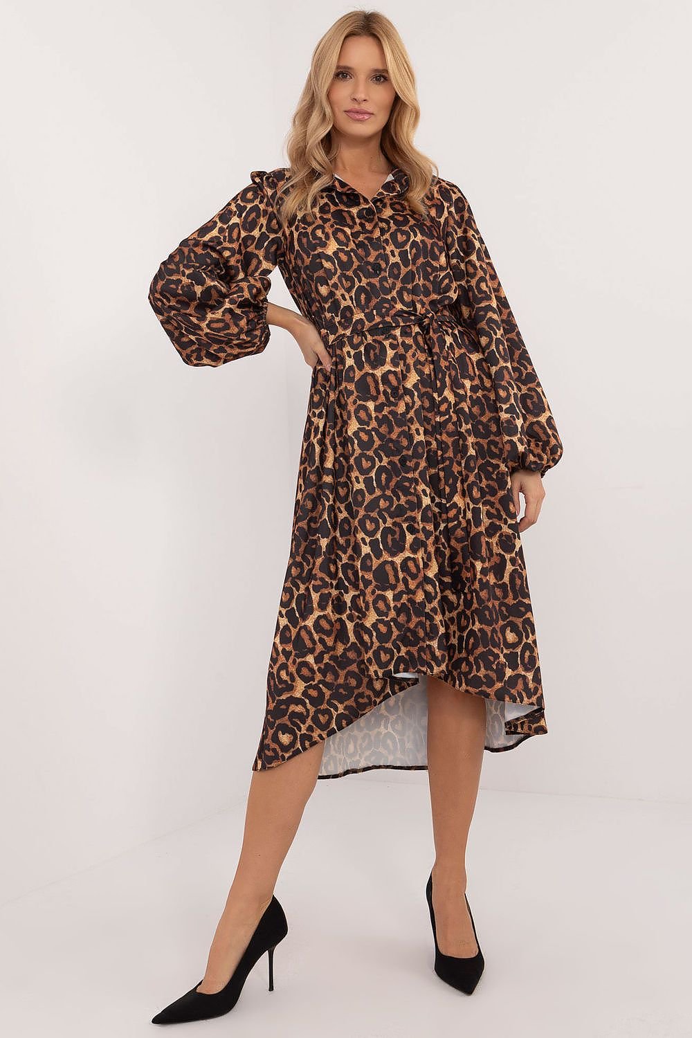 Elegant Belted Shirt Cocktail Evening Long Dress | Lakerta brown