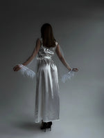 GODDESS Luxurious White Satin Kimono Sleeve Feather Trim Women’s Long Bridal Robe