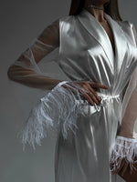GODDESS Luxurious White Satin Kimono Sleeve Feather Trim Women’s Long Bridal Robe