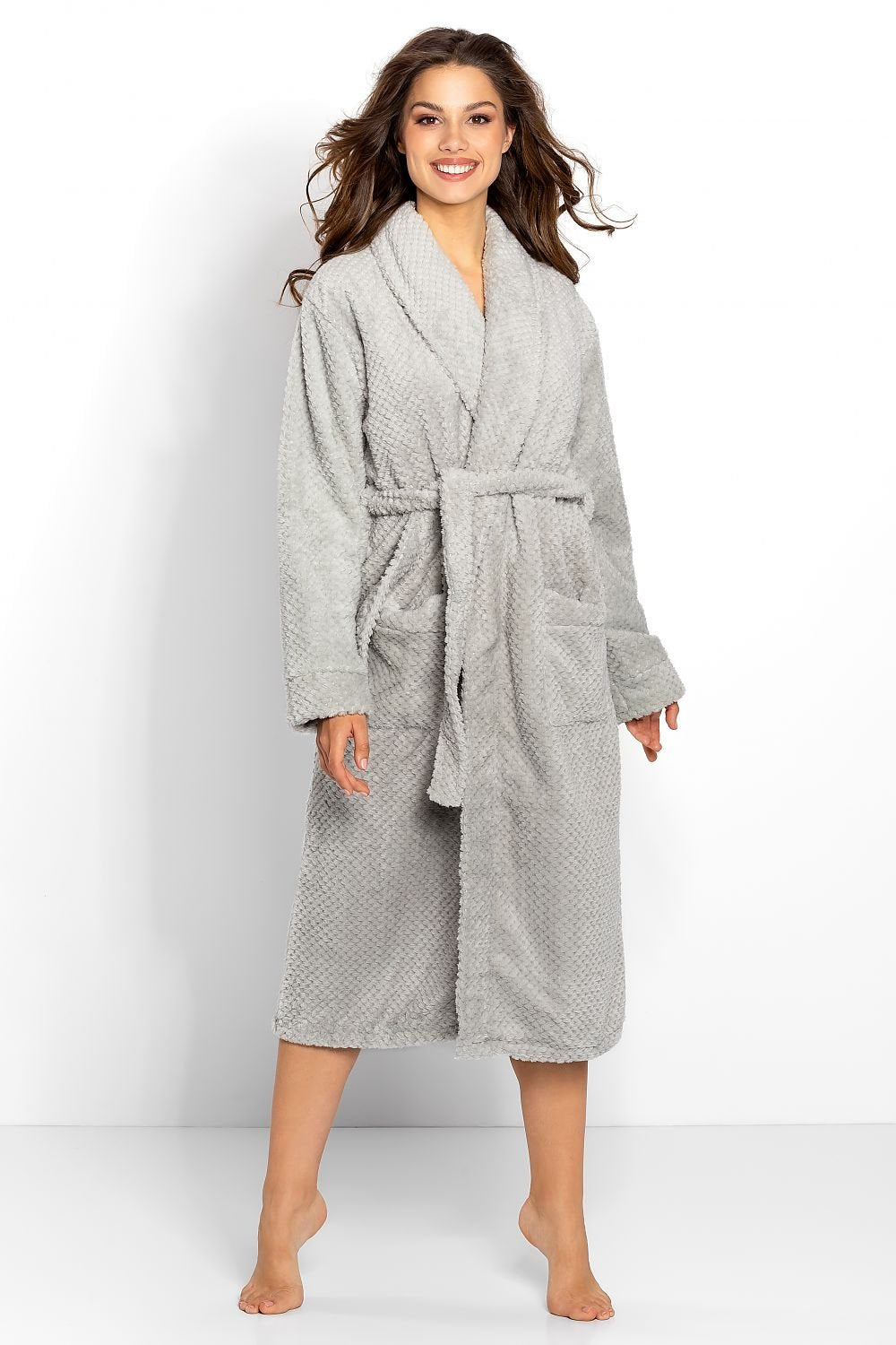 Momenti Per Me Grey Long Bathrobe Dressing Gown with Shawl Collar