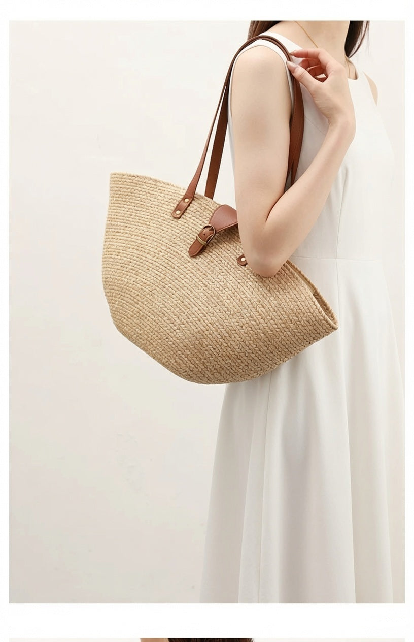 French Style Woven Raffia Basket Bag with Tan Leather Handle — Women's Market Summer Tote