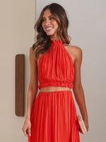 Halterneck Backless Sexy Pleated Long Skirt Top Co-ord Set