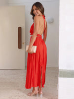 Halterneck Backless Sexy Pleated Long Skirt Top Co-ord Set
