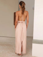 Halterneck Backless Sexy Pleated Long Skirt Top Co-ord Set