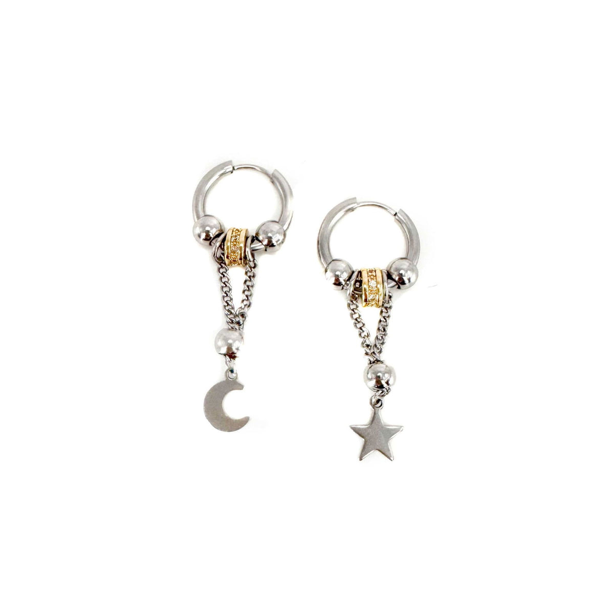 Hecate Crescent Moon and Star Mismatch Dangle Silver Earrings