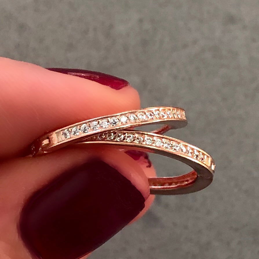 Hoop Earrings with Small Pave-set Stones Rose Gold Plated Silver Large White