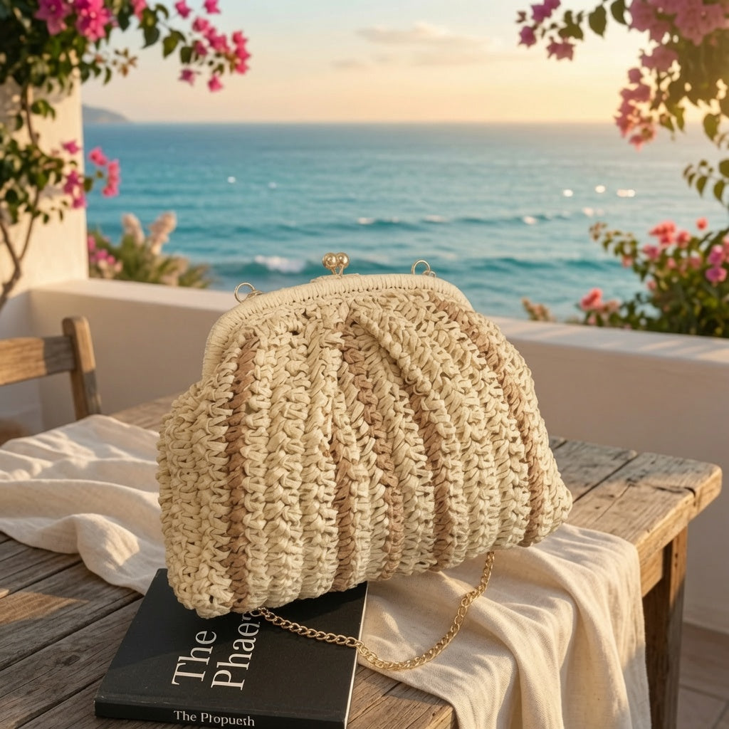 Natural Beige Raffia Shell Clutch Bag — Kiss Lock Crossbody Bag for Women