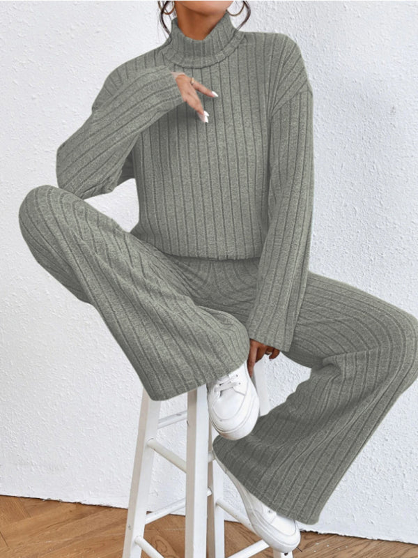 Casual High Collar Knitted Long Sleeve Women's Two-Piece Loungewear Set Green