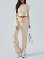 Women's Crew Neck Long Sleeve Top & Wide Leg Pants Set Beige