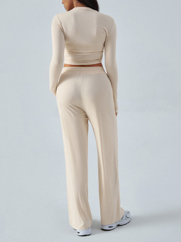 Women's Crew Neck Long Sleeve Top & Wide Leg Pants Set