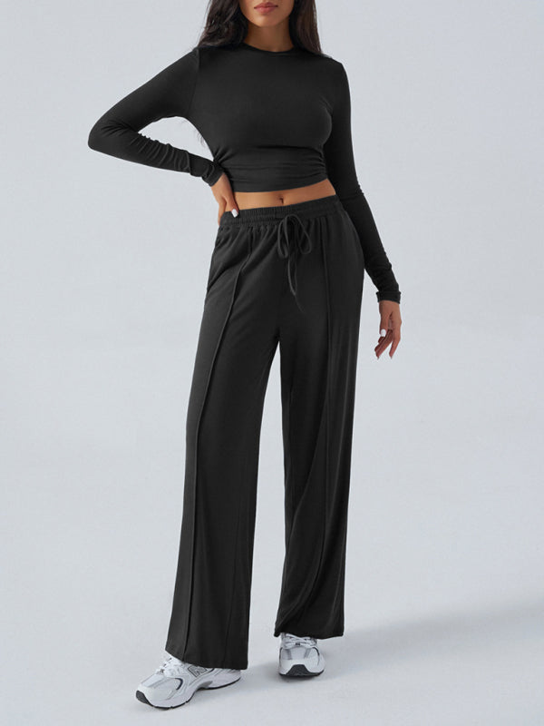 Women's Crew Neck Long Sleeve Top & Wide Leg Pants Set Black