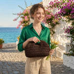 Dark Brown Woven Raffia Slouch Clutch with Gold Hardware — Women's Day to Evening Bag