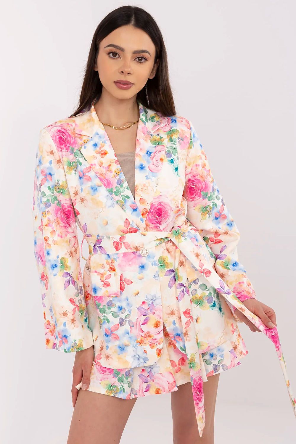 Italy Moda Floral Blazer & Shorts Co-Ord Set beige one-size-fits-all