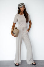 LaBalancia Ladies' Viscose Loungewear Set - Short-Sleeve Round Neck & Tie-Waist Pants beige