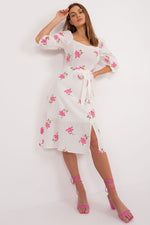 Lakerta Floral Midi Daydress with Ruffled Sleeves and Tie Belt pink