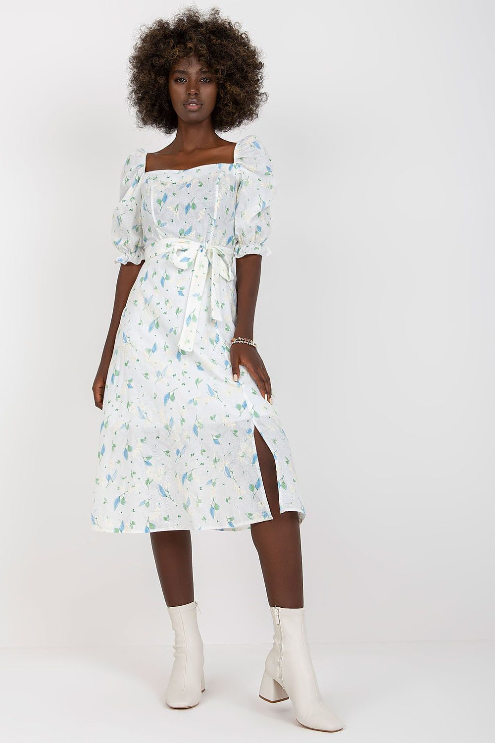 Lakerta Floral Midi Daydress with Ruffled Sleeves and Tie Belt blue 2
