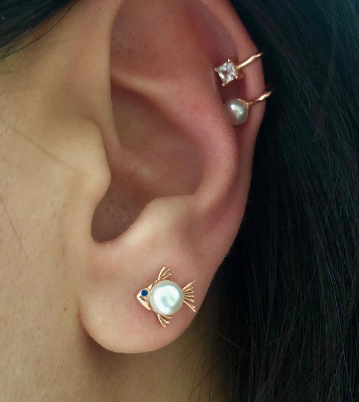 Rose Gold Stud Earring Little Fish with Pearl