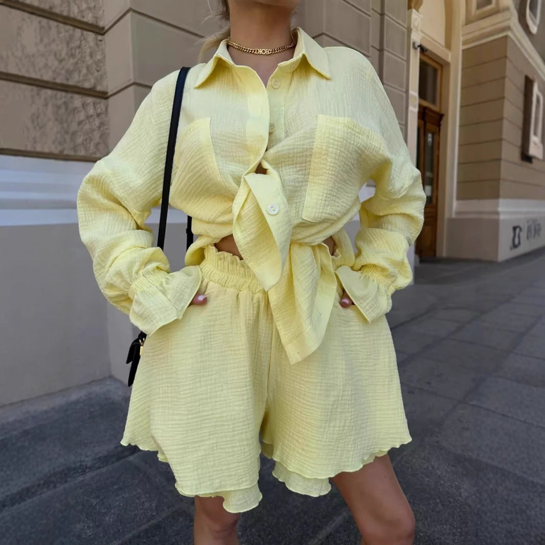 Long Sleeve Ruffled Shirt Double Layer Casual Shorts & Top Co-ord Set