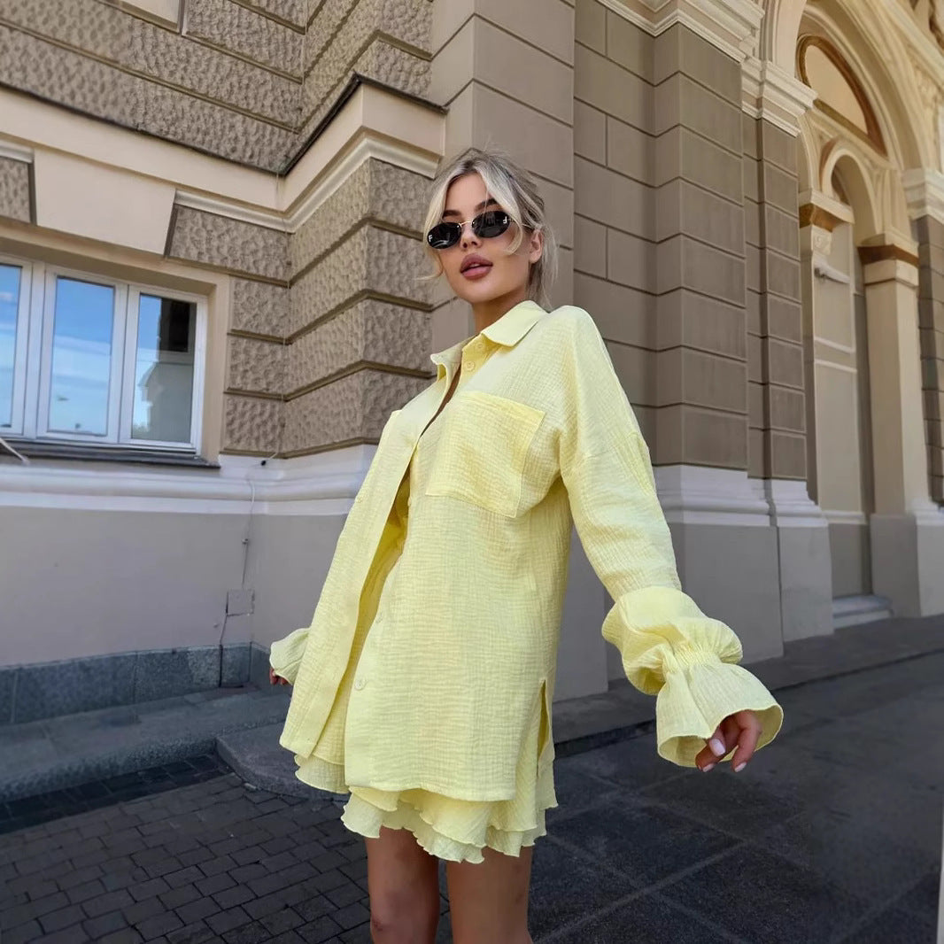 Long Sleeve Ruffled Shirt Double Layer Casual Shorts & Top Co-ord Set