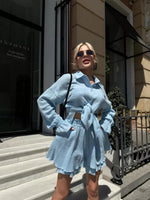 Long Sleeve Ruffled Shirt Double Layer Casual Shorts & Top Co-ord Set Blue