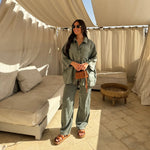 Loose Casual Wide Leg Pants & Long Sleeve Shirt Co-ord Set - Stylish Comfort