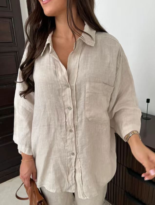 Loose Casual Wide Leg Pants & Long Sleeve Shirt Co-ord Set - Stylish Comfort Beige