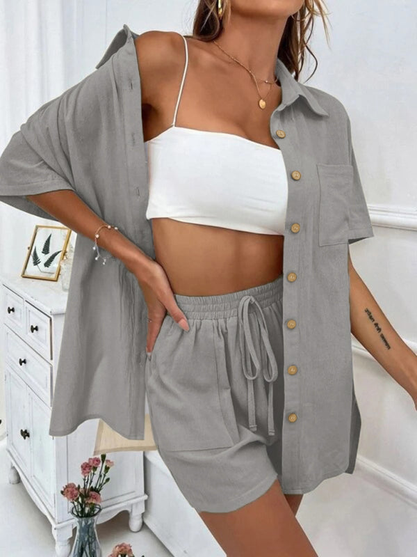 Loose-fit Short-sleeve Short Two-piece Shorts & Top Co-ord Set Olive Green