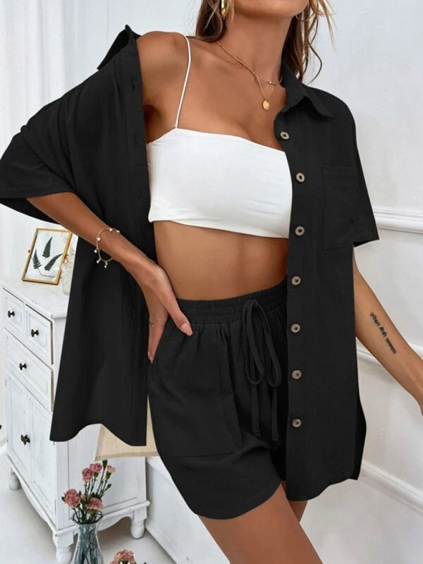 Loose-fit Short-sleeve Short Two-piece Shorts & Top Co-ord Set Black