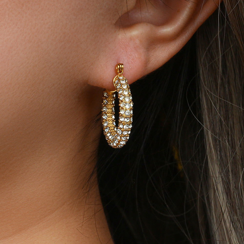 Lucia Stainless Steel 18K Gold U Shape Full Diamond Zircon Earrings