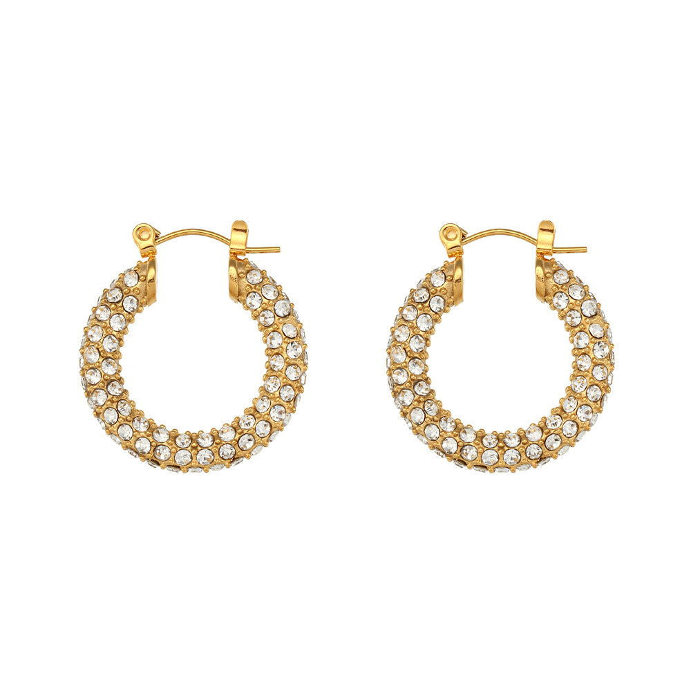 Lucia Stainless Steel 18K Gold U Shape Full Diamond Zircon Earrings 23mm