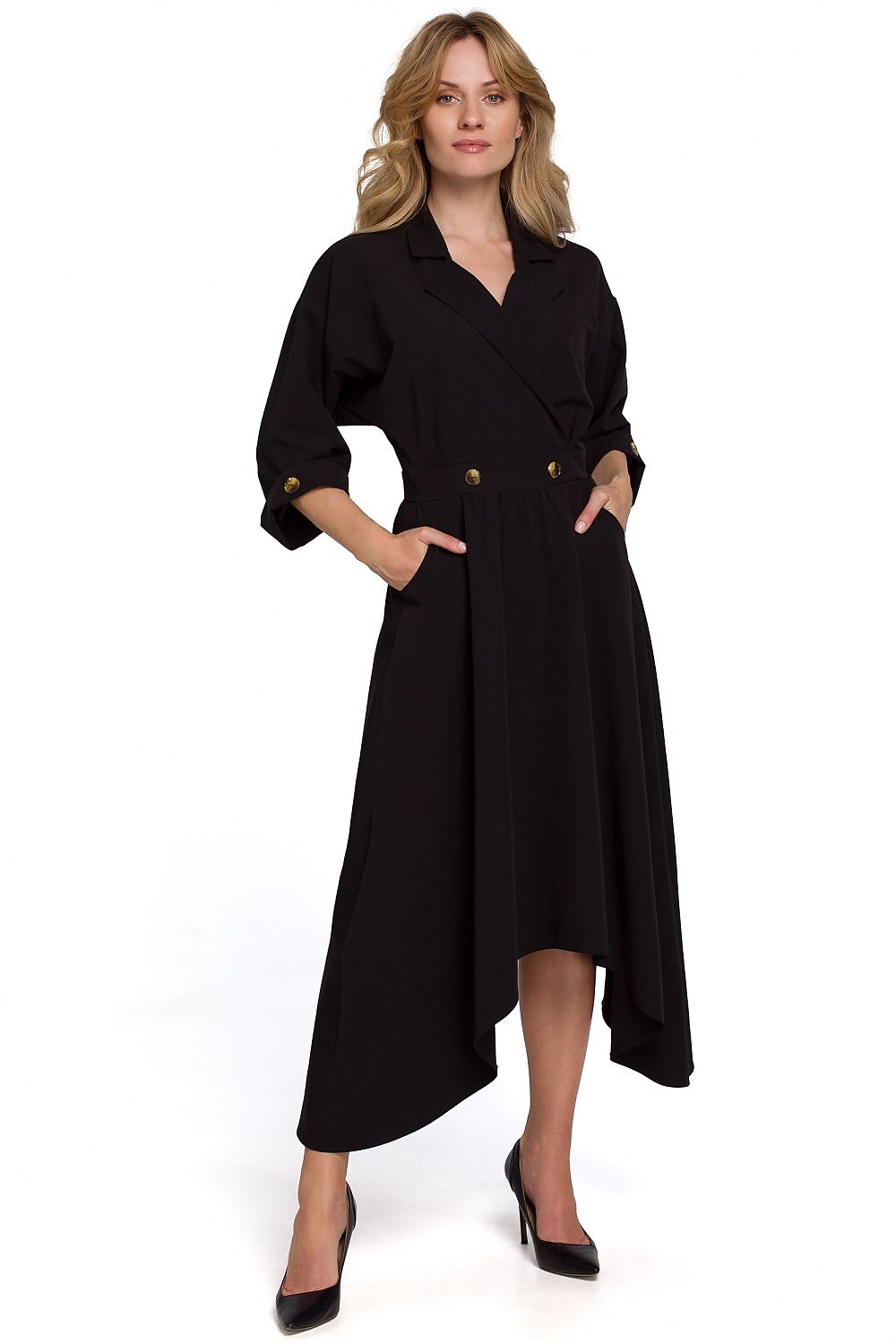 Makover Collared Envelope Day Dress with Asymmetrical Voluminous Bottom black