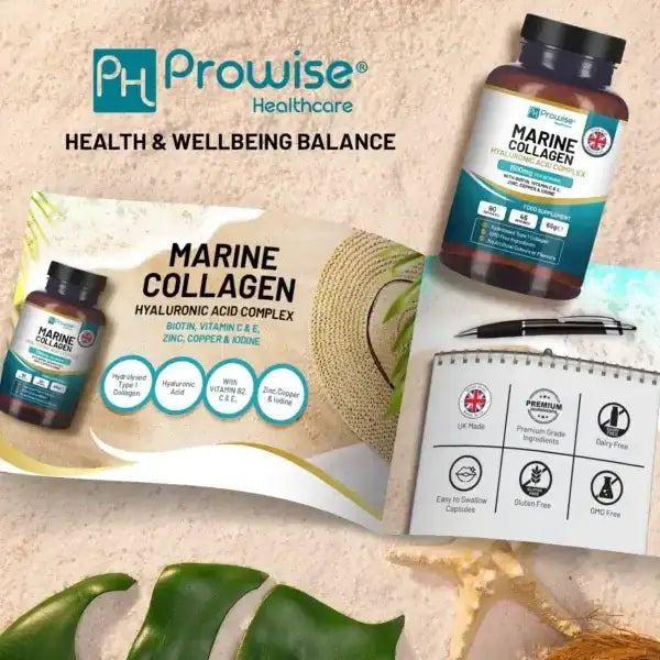 Marine Collagen with Hyaluronic Acid 1100mg | 90 Capsules Boosted with Hyaluronic Acid, Vitamins C, E, B2, Biotin, Copper, Zinc and Iodine | for Women and Men | Made in UK