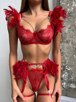MUSE Red Lace & Feathers 3 Piece Lingerie Set MEDIUM ( uk 8 10) Red