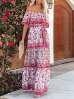 New one-shoulder printed long swing dress Purple