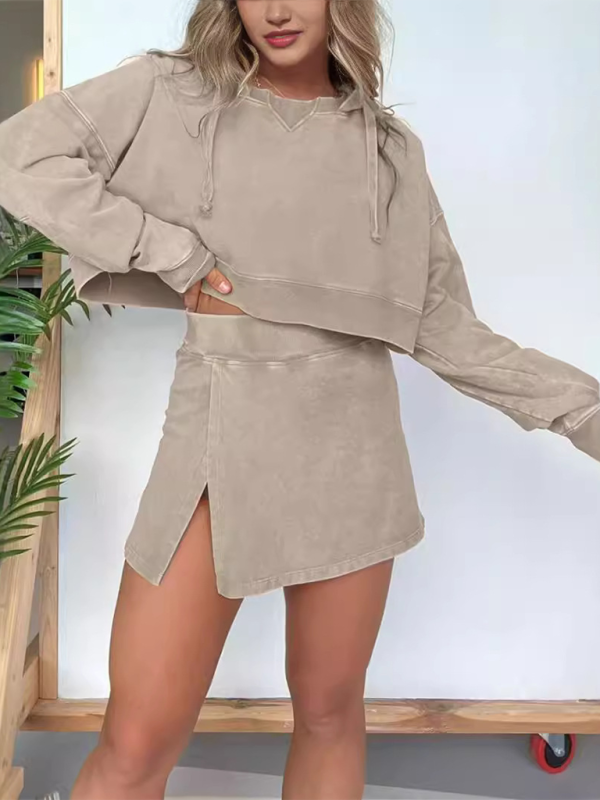New women's long-sleeved hooded sweatshirt skirt set Khaki