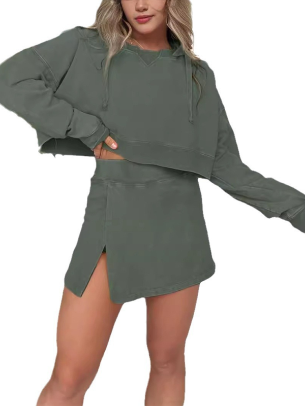 New women's long-sleeved hooded sweatshirt skirt set Green